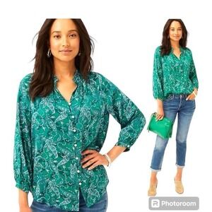 J.JILL Satin Paisley Top Size Petite M Green Ruffle Collar Dressy Career Blouse